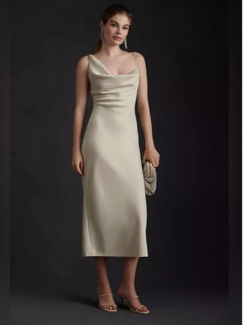 BHLDN Ivory August Satin Charmeuse Midi Slip Dress Sz 0 Occasion Cocktail Formal
